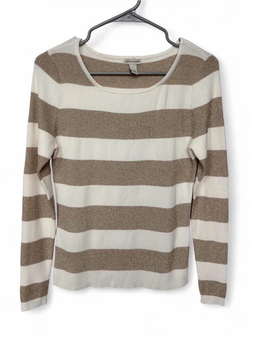 Boston Proper Cream Gold Shimmer Striped Ribbed Long Sleeve Sweater Large Preppy
